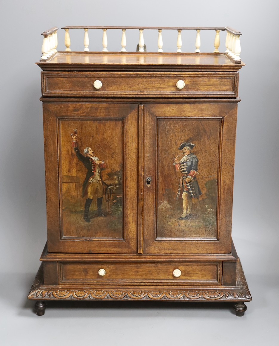 A 19th century walnut cigar cabinet, with an ivory and bone gallery., 6 cms wide x 45 cms high.